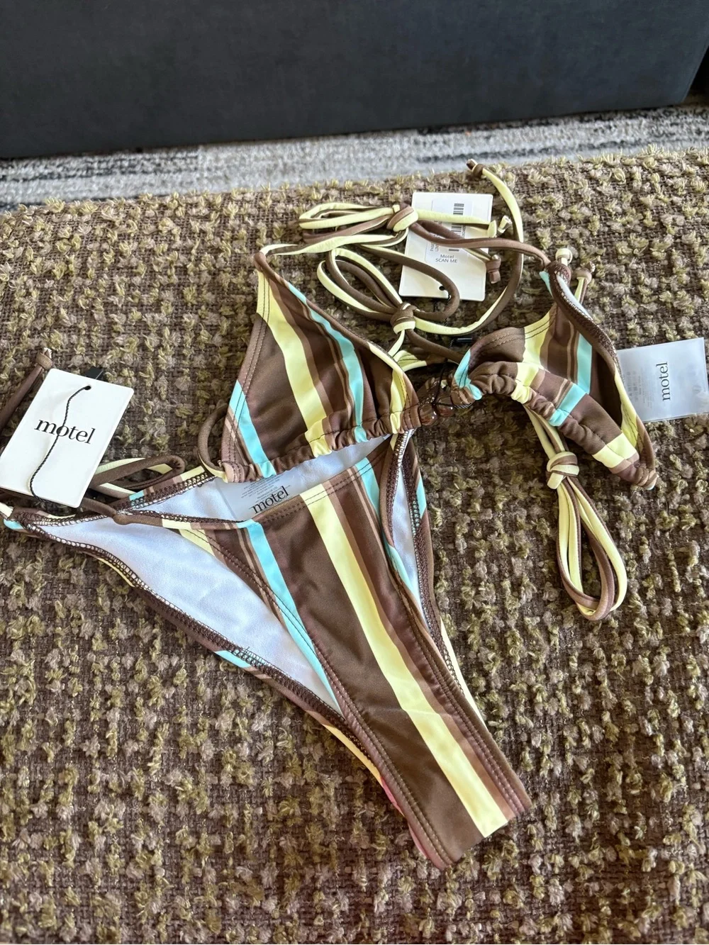 Motel Rocks Brown, Cream & Light Blue Striped Tie-Side Bikini